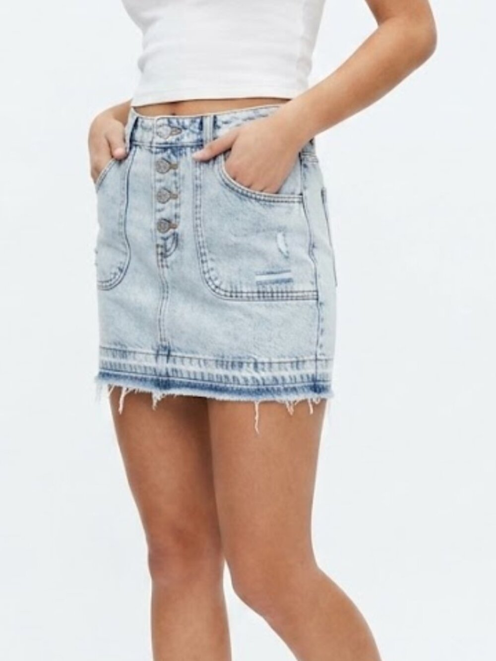 SO Juniors Acid Wash Denim Mini Skirt Size 1 · Button Front Frayed Hem
